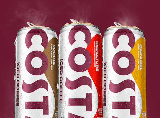 Costa Coffee iced coffee cans in a 12 pack, featuring 11 fl. oz. refreshing iced coffee beverages.