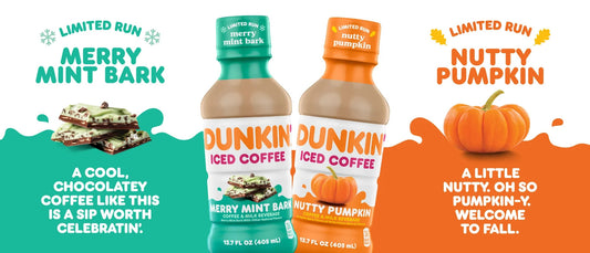 Dunkin' Donuts Iced Coffee Seasonal Mix with Pumpkin and Peppermint, 12-pack (6 each) for refreshing fall and holiday flavors.