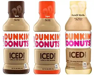 Six bottles of Dunkin Donuts iced coffee variety pack with mocha, original, and French vanilla flavors in 13.7 fl oz bottles.