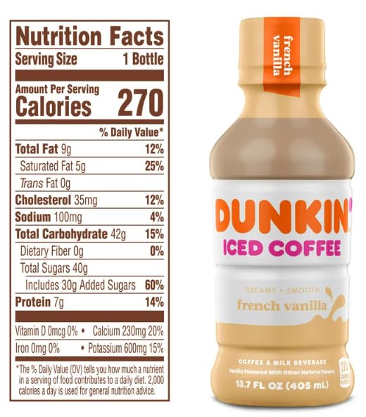 Dunkin' Donuts Iced Coffee Variety Pack with 12 bottles of chilled coffee for a caffeine boost and refreshing flavor.