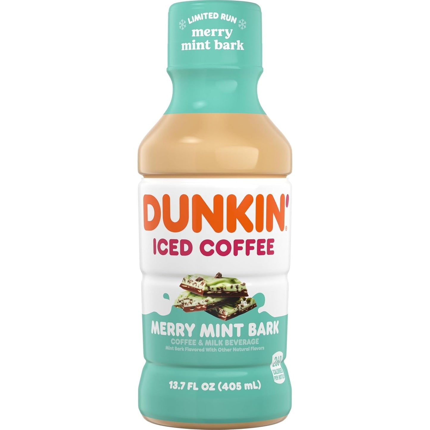 Dunkin' Donuts Merry Mint Bark Iced Coffee 12-pack bottles, 13.7 oz each, featuring mint flavored iced coffee in bottles.