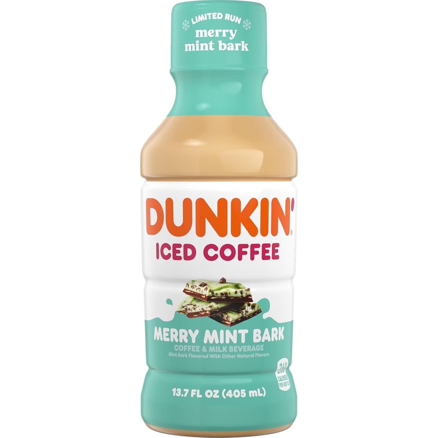 Dunkin' Donuts Merry Mint Bark Iced Coffee 12-pack bottles, 13.7 oz each, featuring mint flavored iced coffee in bottles.