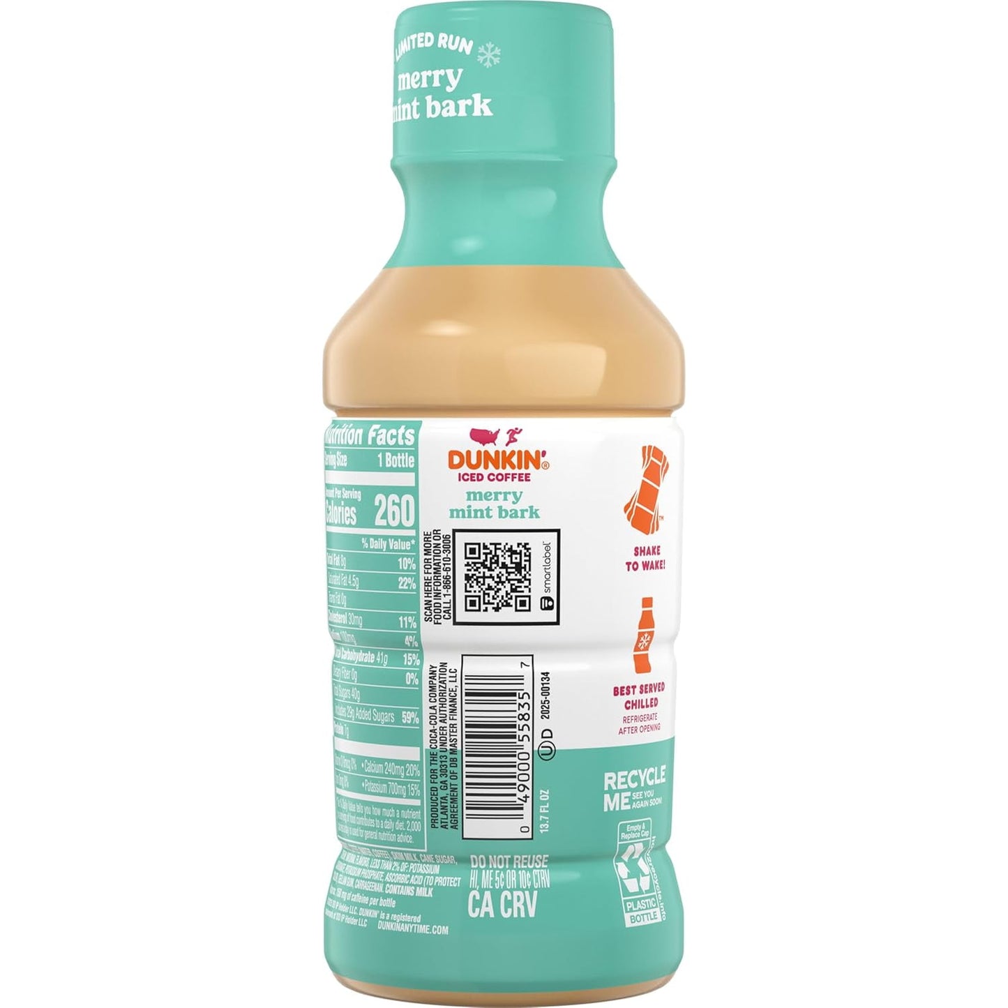Dunkin' Donuts Merry Mint Bark Iced Coffee bottles, 12-pack, 13.7 oz each, with mint-flavored iced coffee in clear bottles.