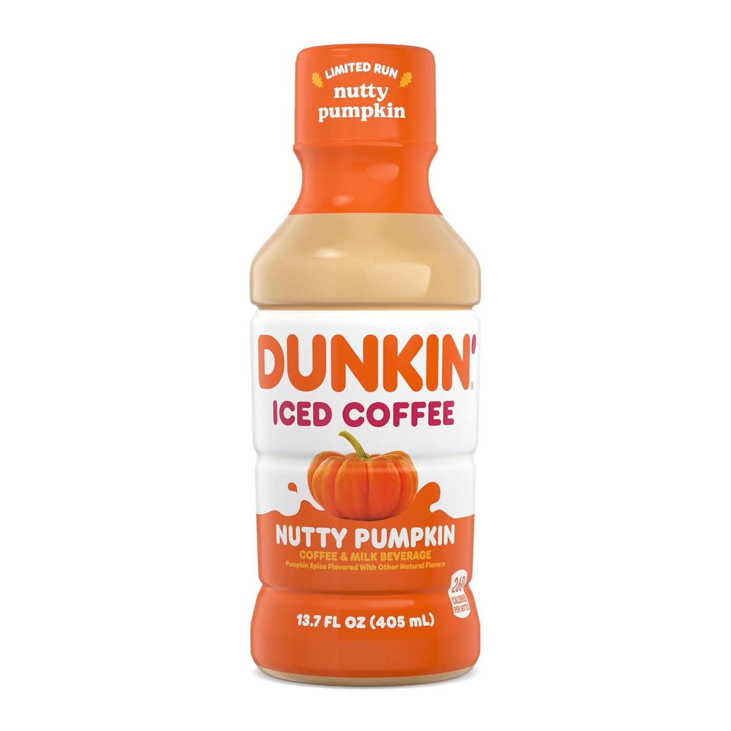 Dunkin' Donuts Nutty Pumpkin Iced Coffee 12-pack, featuring 13.7 oz bottles with a seasonal pumpkin flavor design.