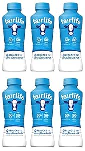 Fairlife UFM 2% reduced fat milk in a 6-pack of 14 fl oz bottles with plain design and clear labeling.