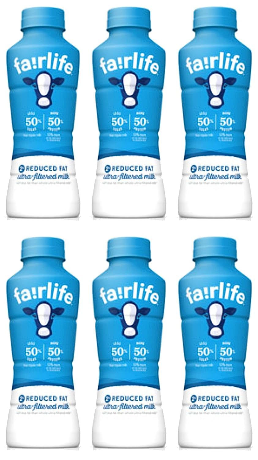 Fairlife UFM 2% Reduced Fat Milk in a 6-pack of 14 fl oz bottles, featuring plain packaging and clear labeling.
