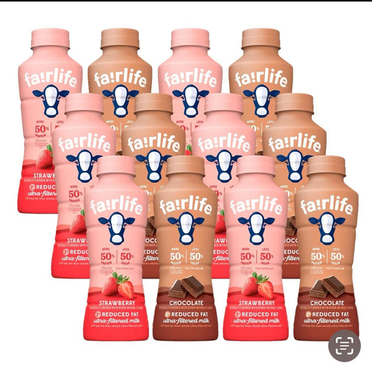 Fairlife 2% Reduced Fat Milk variety pack with chocolate and strawberry flavors in 14 oz bottles, 12-pack grocery product.
