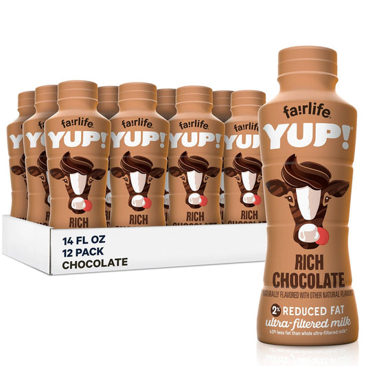 Fairlife YUP! low fat ultra-filtered chocolate milk in 14 oz bottles, pack of 12, with all natural flavors and varied packaging