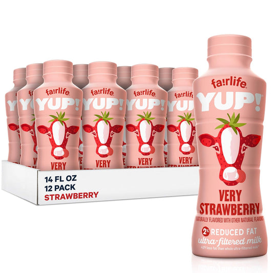 Fairlife YUP! Low Fat Ultra-Filtered Milk in Very Strawberry flavor, 14 fl oz bottles, pack of 12, with natural flavor variations.
