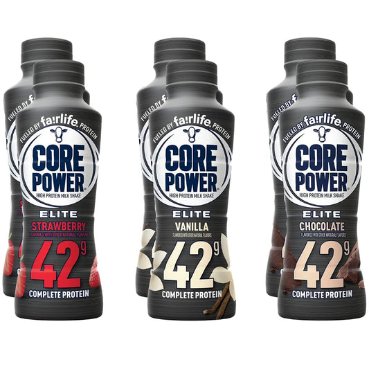 Fairlife Core Power Elite high-protein milk shakes variety pack with 42g protein, ready-to-drink for muscle recovery, 14 fl oz bottles.
