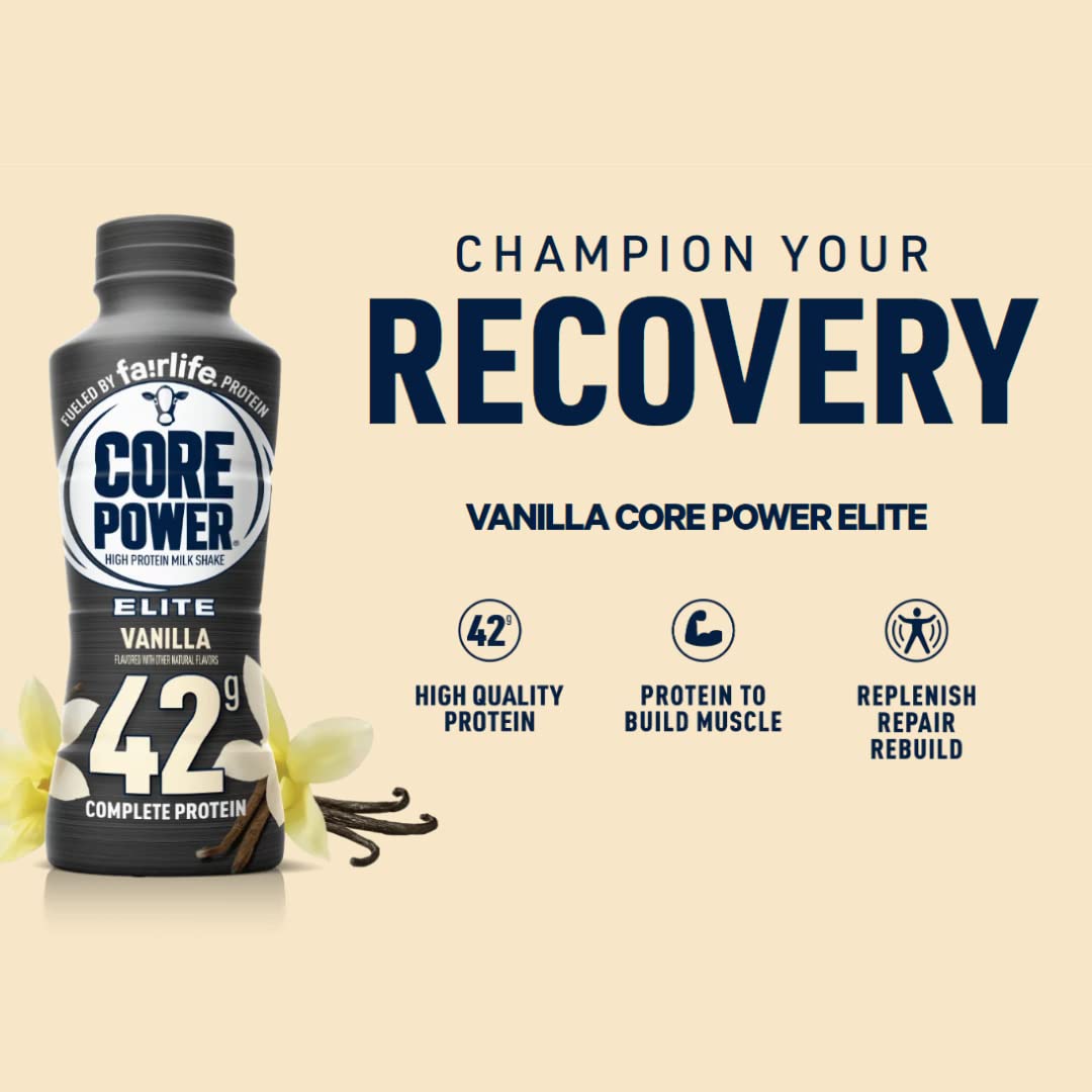 Fairlife Core Power Elite high protein milk shakes, 14 oz bottles in a 6-pack, designed for muscle recovery and workout support.