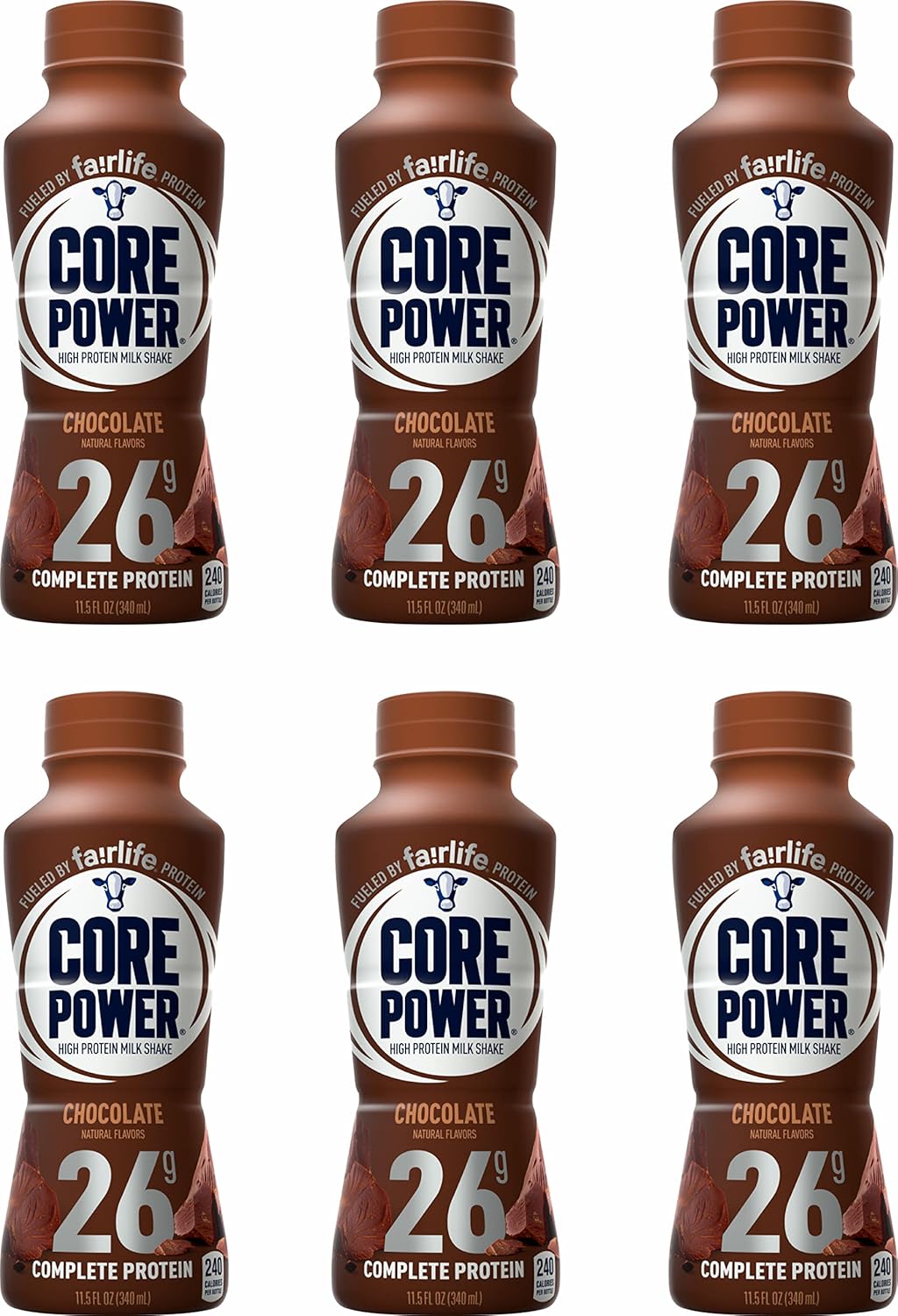 Fairlife Core Power high protein milk shake in natural flavor, chocolate, 11.5 fl oz bottles, pack of six, ready-to-drink protein drinks