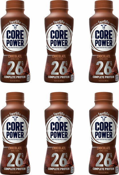 Fairlife Core Power high protein milk shake in natural flavor, chocolate, 11.5 fl oz bottles, pack of six, ready-to-drink protein drinks
