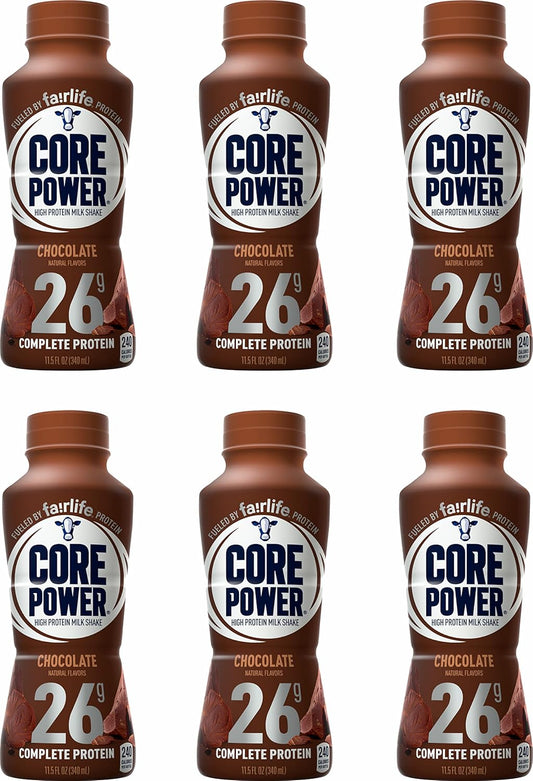 Six bottles of Fairlife Core Power High Protein Milk Shake in natural flavor, 11.5 fl oz, chocolate flavor, 26g protein each.
