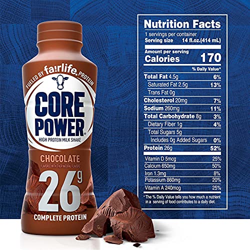 Six bottles of Fairlife Core Power High Protein Milk Shake in natural flavor, chocolate, 11.5 fl oz, 26g protein per bottle, ready-to-drink.