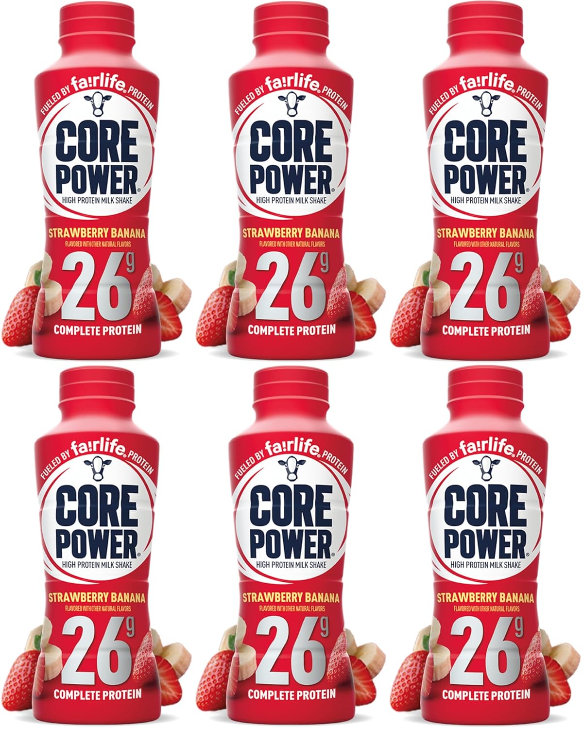 Six bottles of Fairlife Core Power high protein milk shake in natural flavor, ready-to-drink chocolate protein shakes, 11.5 fl oz each.