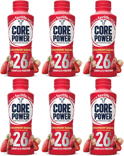 Six bottles of Fairlife Core Power high protein milk shake in natural flavor, ready-to-drink chocolate protein shakes, 11.5 fl oz each.