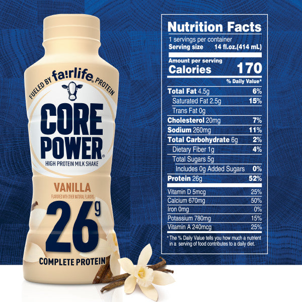 Fairlife Core Power High Protein Milk Shake, natural chocolate flavor, ready-to-drink protein beverage, 11.5 fl oz, pack of 6 bottles.