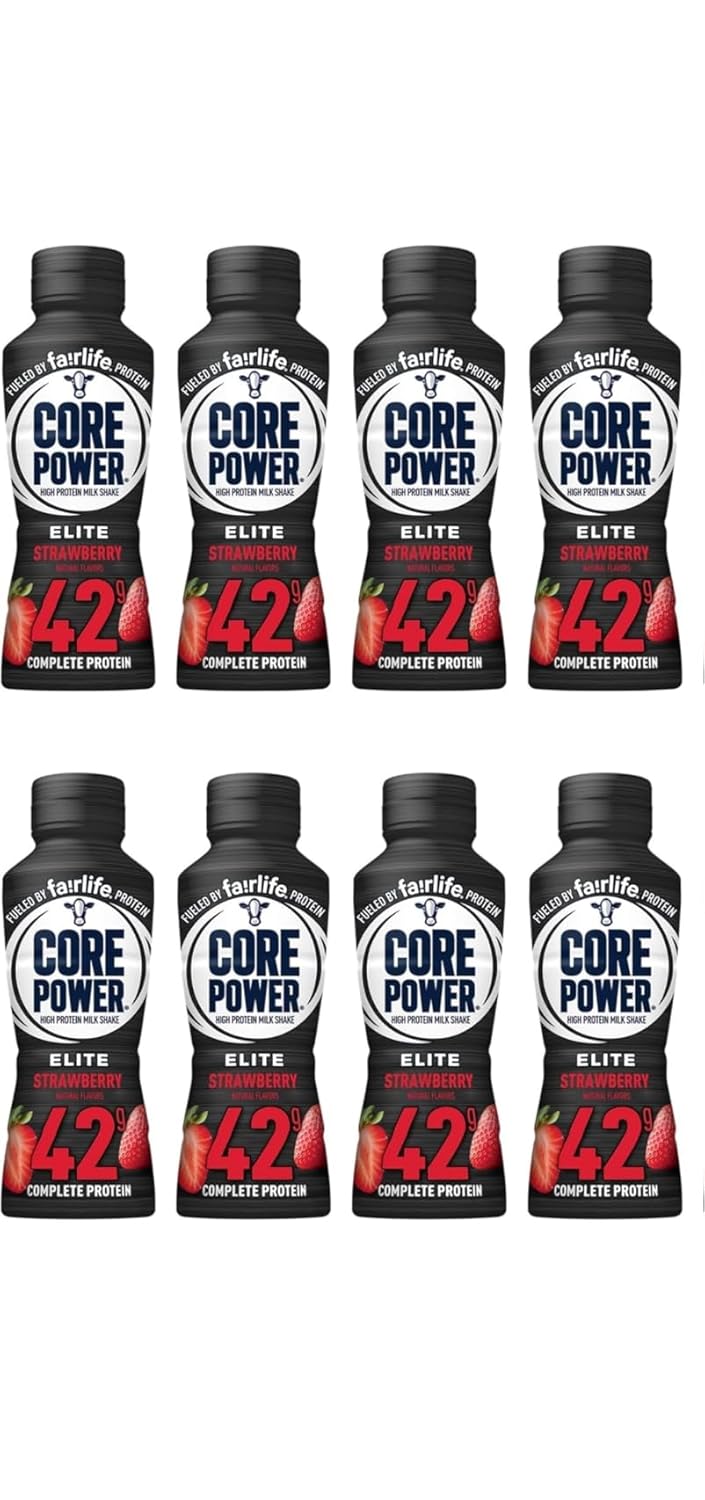 Fairlife Core Power Elite Strawberry protein drinks in an 8 pack, showcasing 14 fl oz bottles with vibrant packaging.