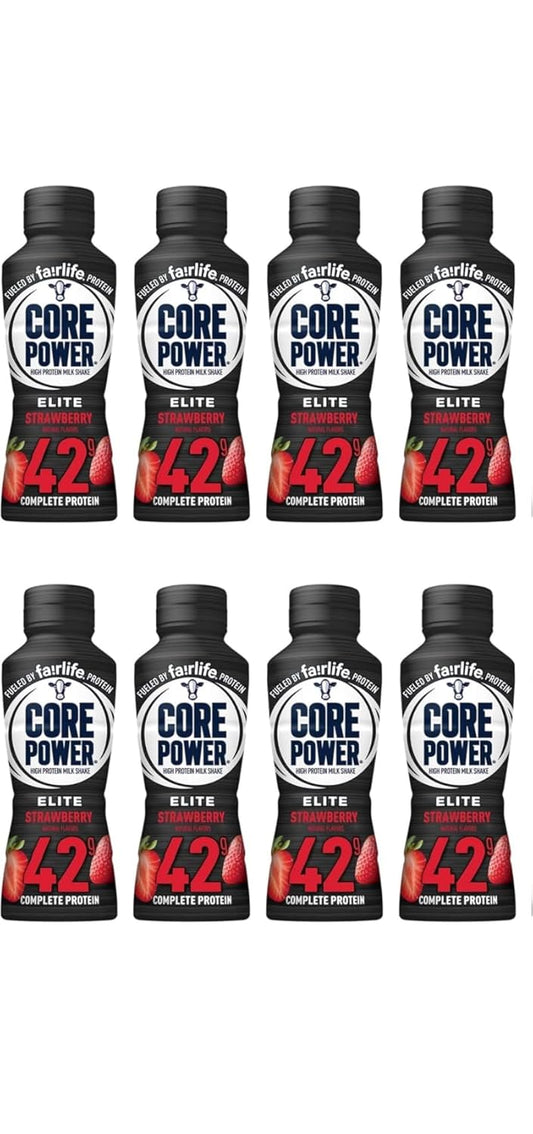 Fairlife Core Power Elite Strawberry high-protein milk shakes in 14 oz bottles, 8-pack, featuring vibrant strawberry flavor and sports nutrition.