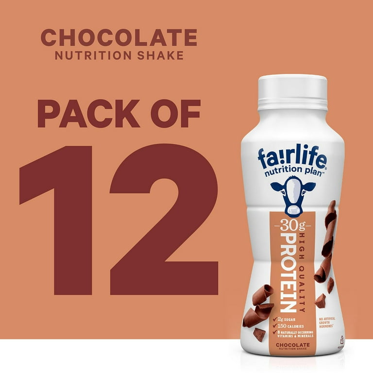 Fairlife Nutrition Plan chocolate protein shake, 30g protein, 11.5 fl. oz. bottle, 12-pack, stacked on a white background.