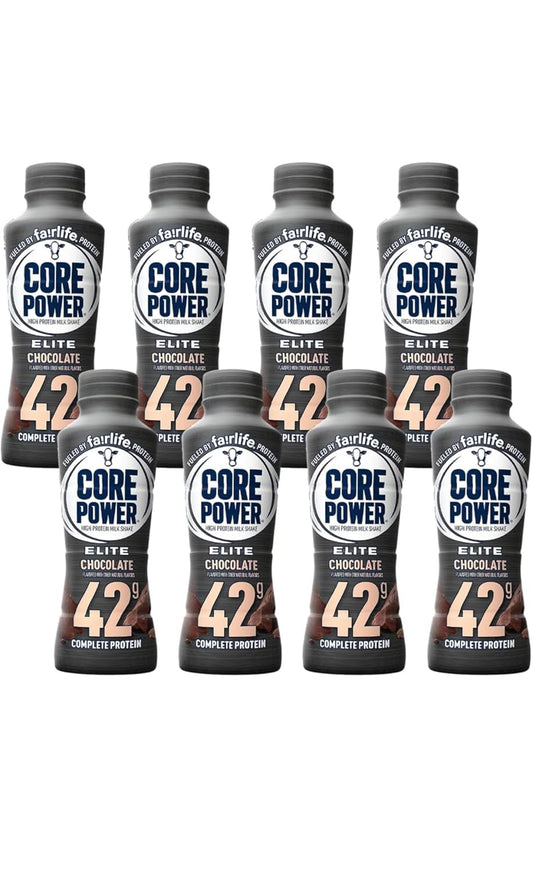 Fairlife Core Power Elite chocolate protein shake, liquid beverage in 14 fl oz bottle, 8-pack of high-protein drinks.