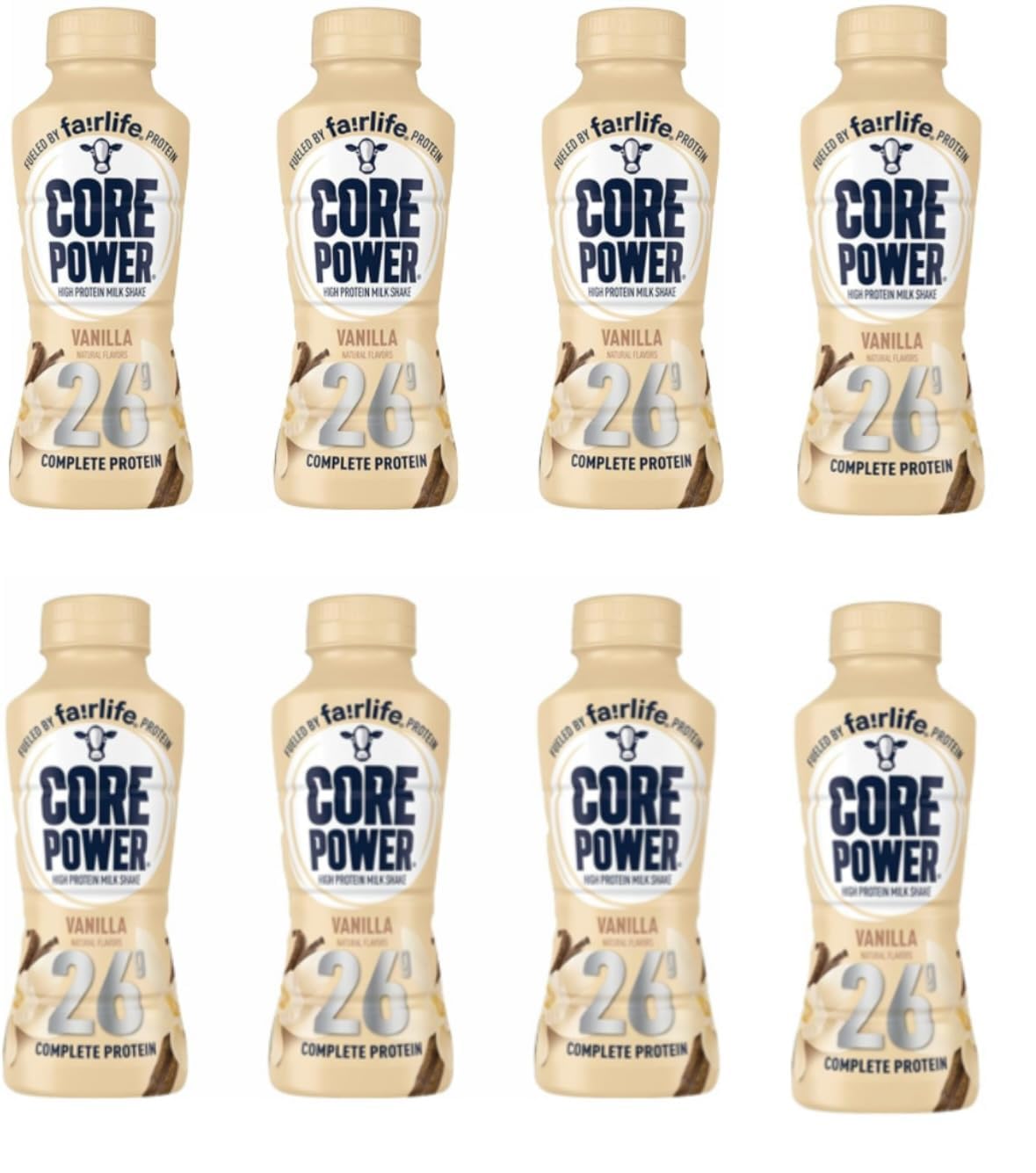 Fairlife CorePower Vanilla Protein Shakes, 14 oz bottles, 8 pack, ready-to-drink protein beverages on a white background.