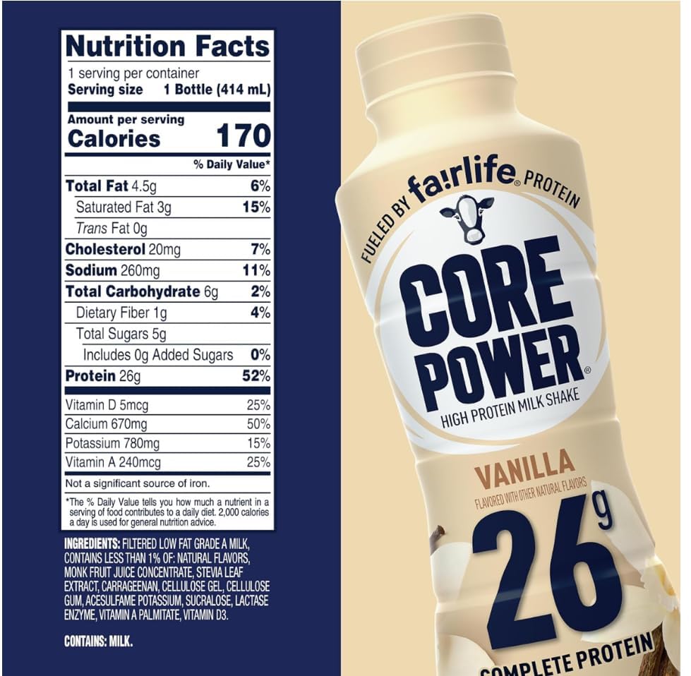 Fairlife CorePower Vanilla protein shakes, 8 pack of 14 oz bottles, showcasing ready-to-drink packaging and labels.