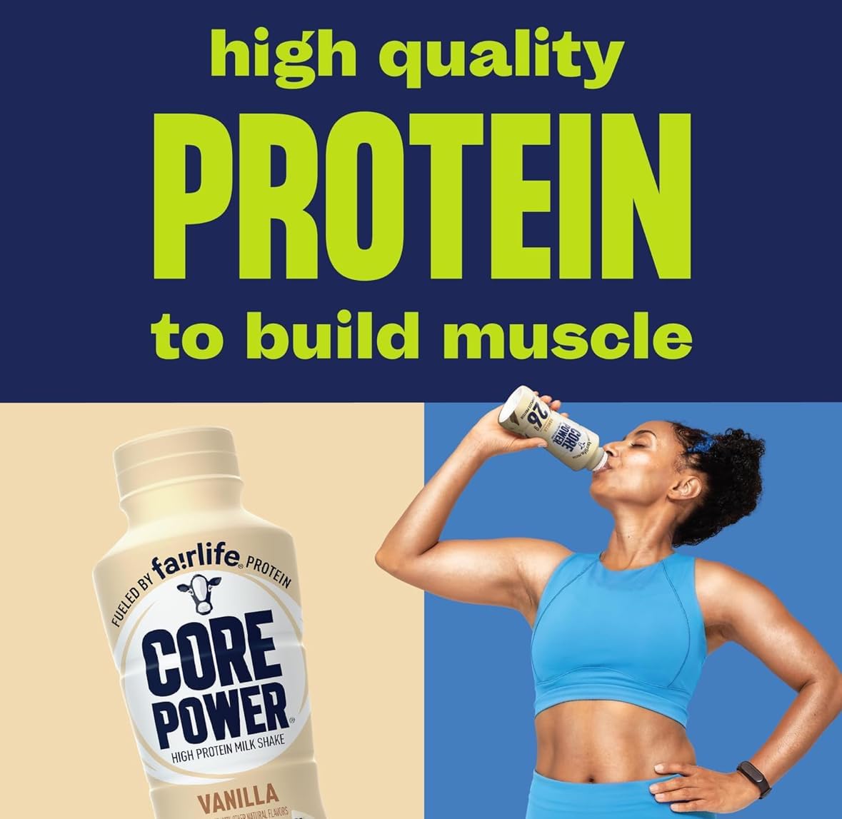 Fairlife CorePower Vanilla Protein Shakes, 8-pack of 14 oz bottles, showcasing ready-to-drink protein beverages.
