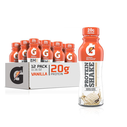 Gatorade Recover Protein Shake in Vanilla flavor, 20g protein, 11.6 fl oz plastic bottle, pack of 12 on a white background.