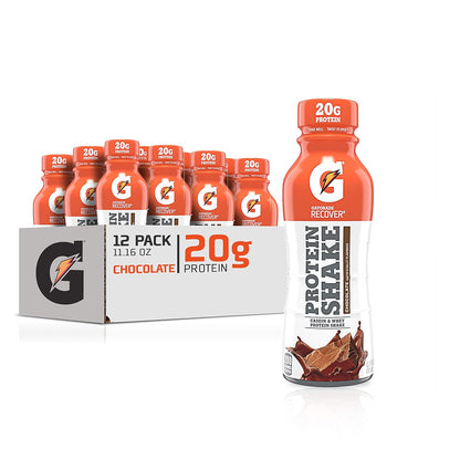Gatorade Recover Protein Shake in vanilla flavor, 20g protein, 11.6 fl oz plastic bottles, pack of 12 for post-workout recovery.
