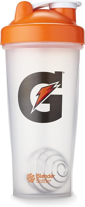 Gatorade sports shaker bottle for gym, 28 ounces, plastic, with a screw-on lid and mixing ball for protein shakes and drinks.