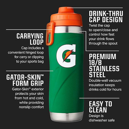 Gatorade stainless steel sport bottle, 26oz, double-wall insulated, with a screw-on lid and ergonomic design for sports hydration.