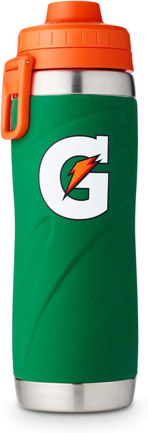 Gatorade stainless steel 26oz sport bottle with double-wall insulation, shown with a sleek silver finish and sports cap.