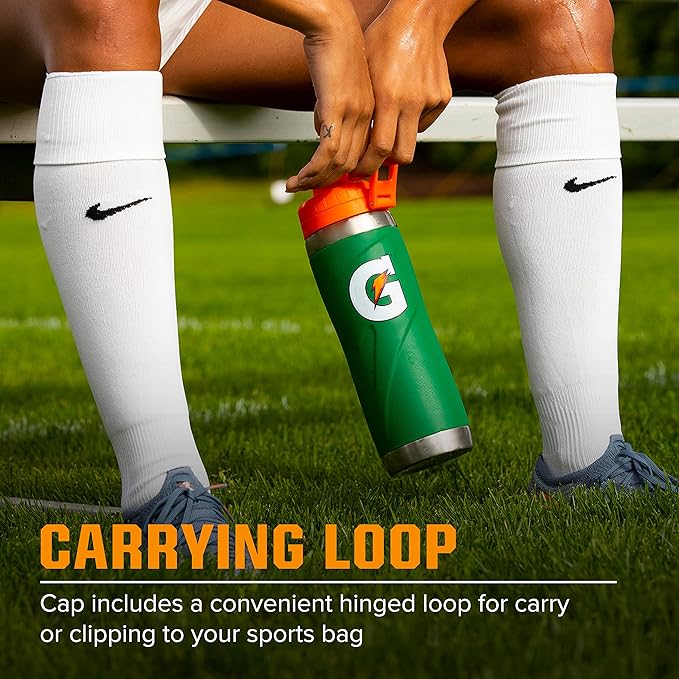 Gatorade stainless steel sport bottle, 26oz with double-wall insulation, designed for sports and hydration.