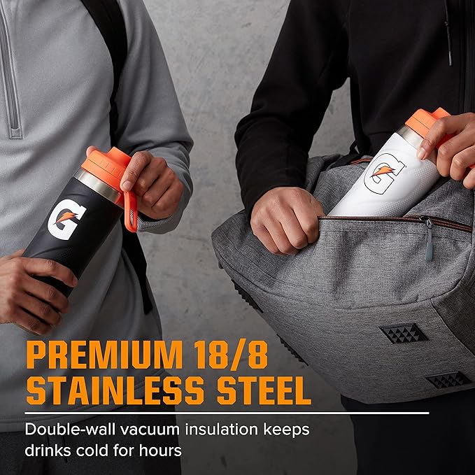 Gatorade stainless steel 26oz sports bottle with double-wall insulation, showing a sleek, insulated water bottle with a screw-top lid.