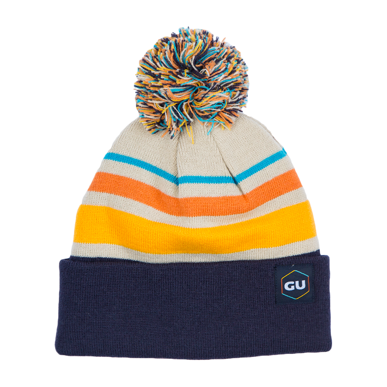 GU Energy pom pom beanie in cozy knit, featuring a playful pom pom on top, perfect for winter warmth and style.