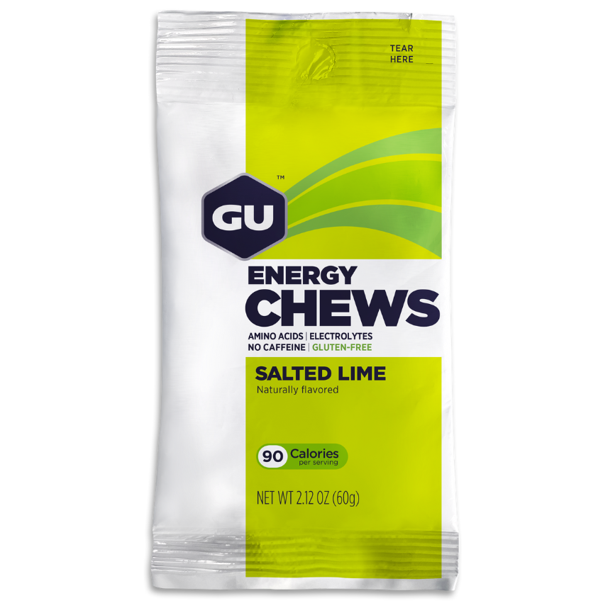 GU Energy Chews Salted Lime flavor in a double-serving 12-pack bag, showing colorful chews in a resealable package.
