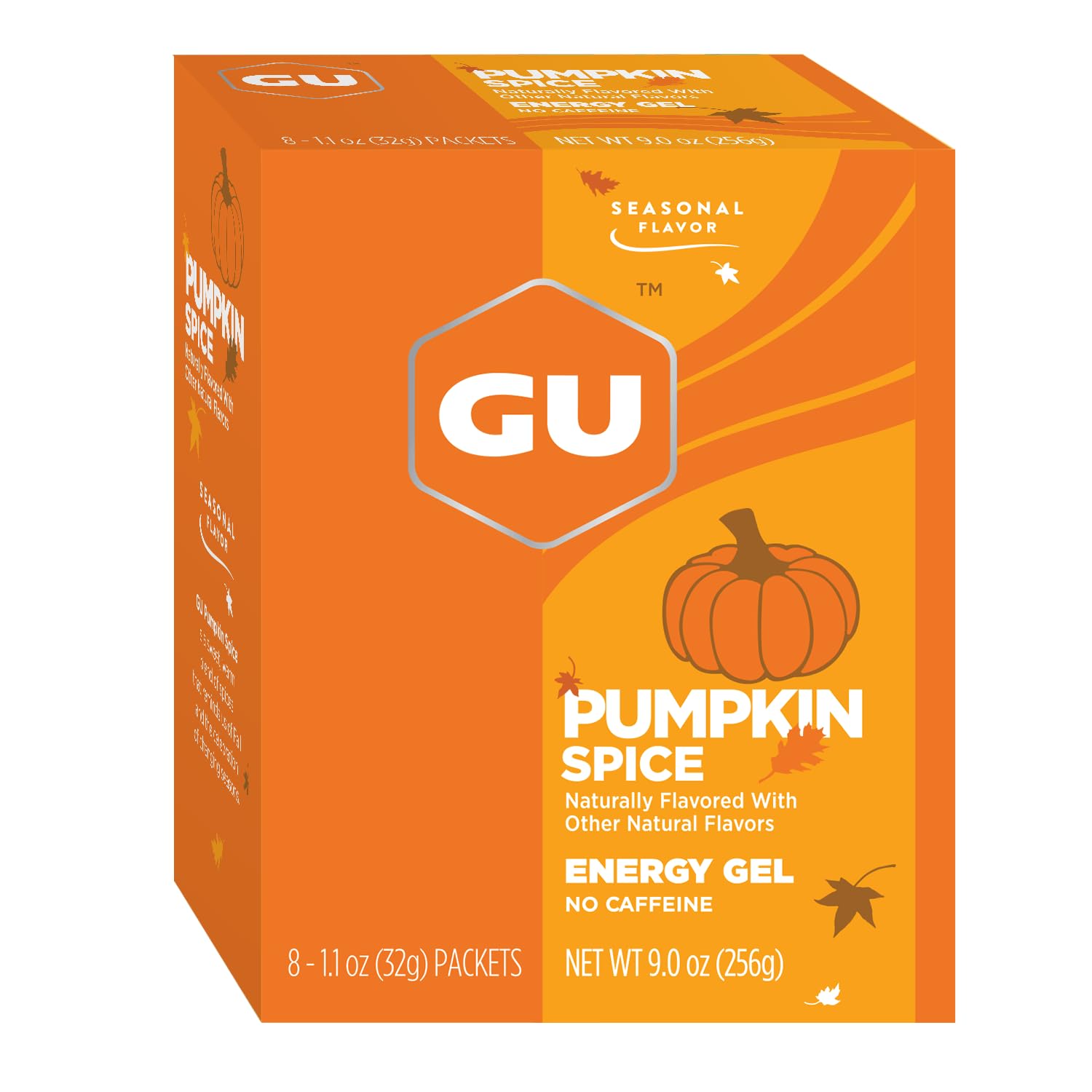 Box of 8 GU Energy Pumpkin Spice Energy Gels in seasonal flavor, featuring GU branding and pumpkin spice packaging.
