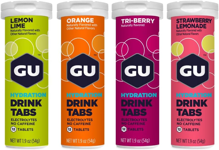 GU Energy electrolyte drink tablets in a 4-count packaging, designed for hydration and electrolyte replacement.