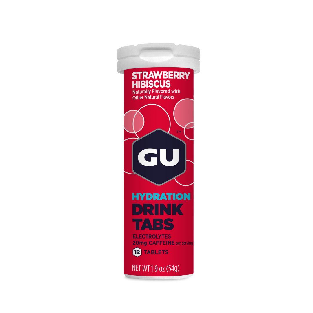 GU Energy Hydration Electrolyte Drink Tablets in a 4-count pack, showcasing vibrant packaging and tablet details.