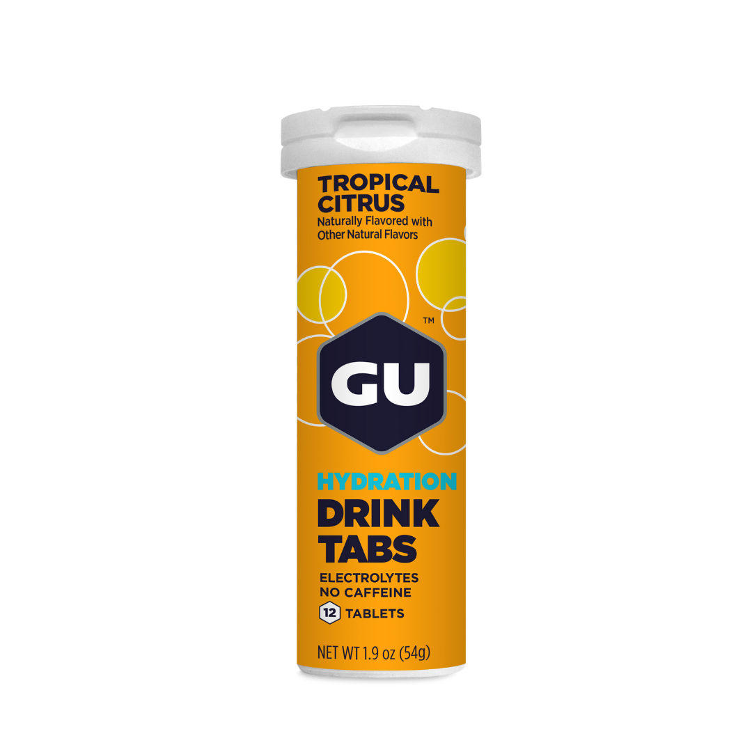 GU Energy Hydration Electrolyte Drink Tablets in a 4-count package, showcasing vibrant tablet colors and packaging design.