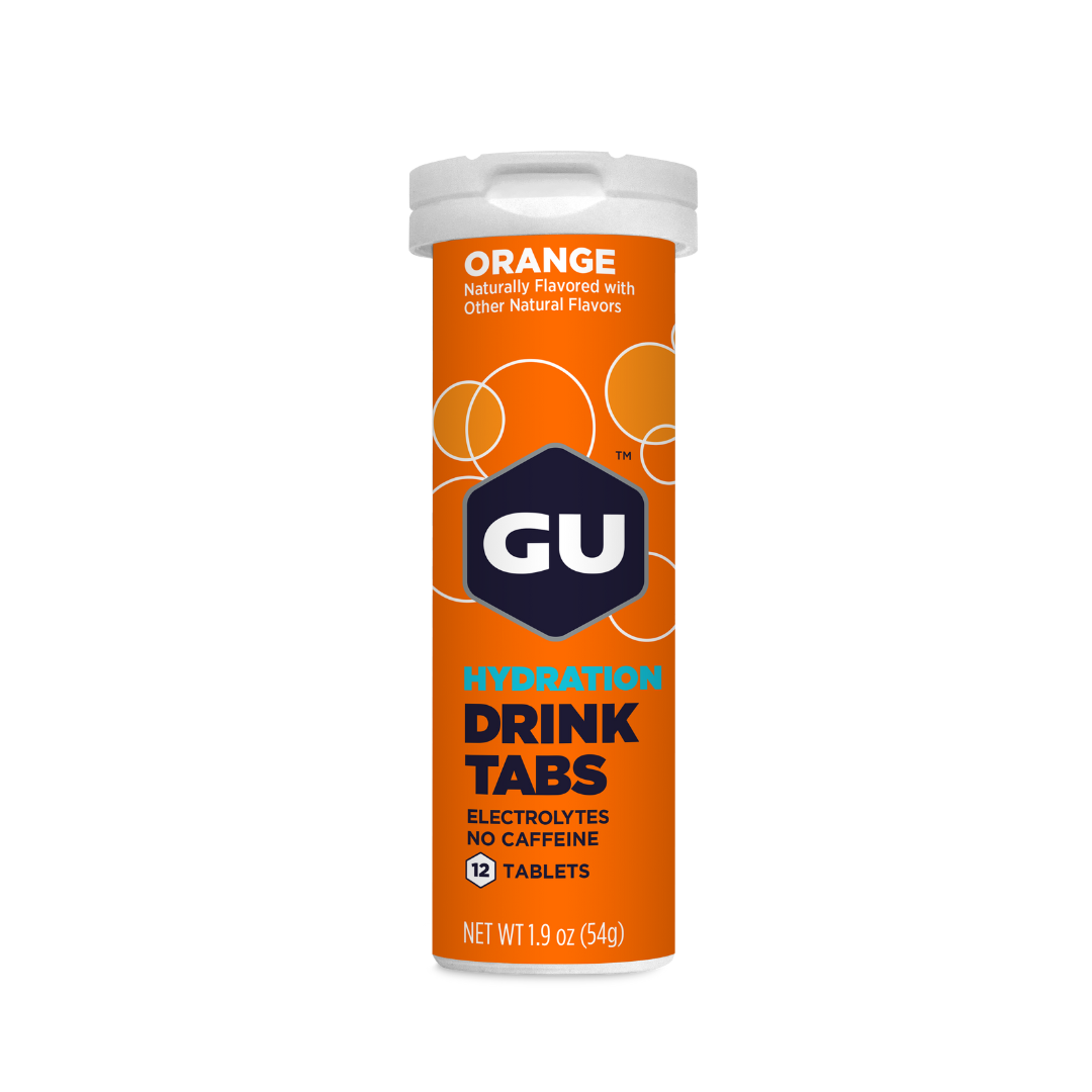 GU Energy Hydration Electrolyte Drink Tablets in a tube, 4-count, showcasing bright packaging and easy-to-open design.