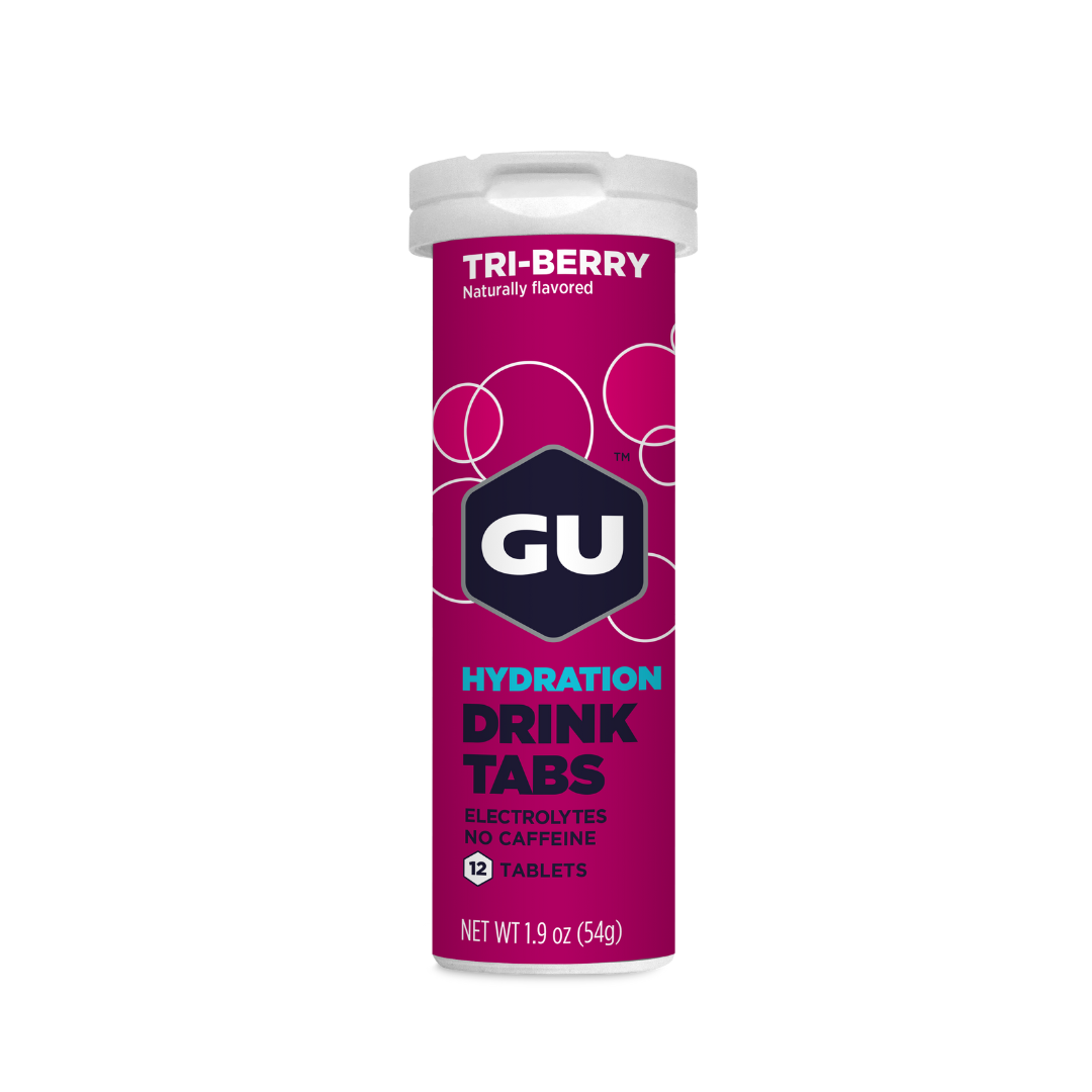 GU Energy Hydration Electrolyte Drink Tablets in a tube, featuring four tablet servings for electrolyte replacement.