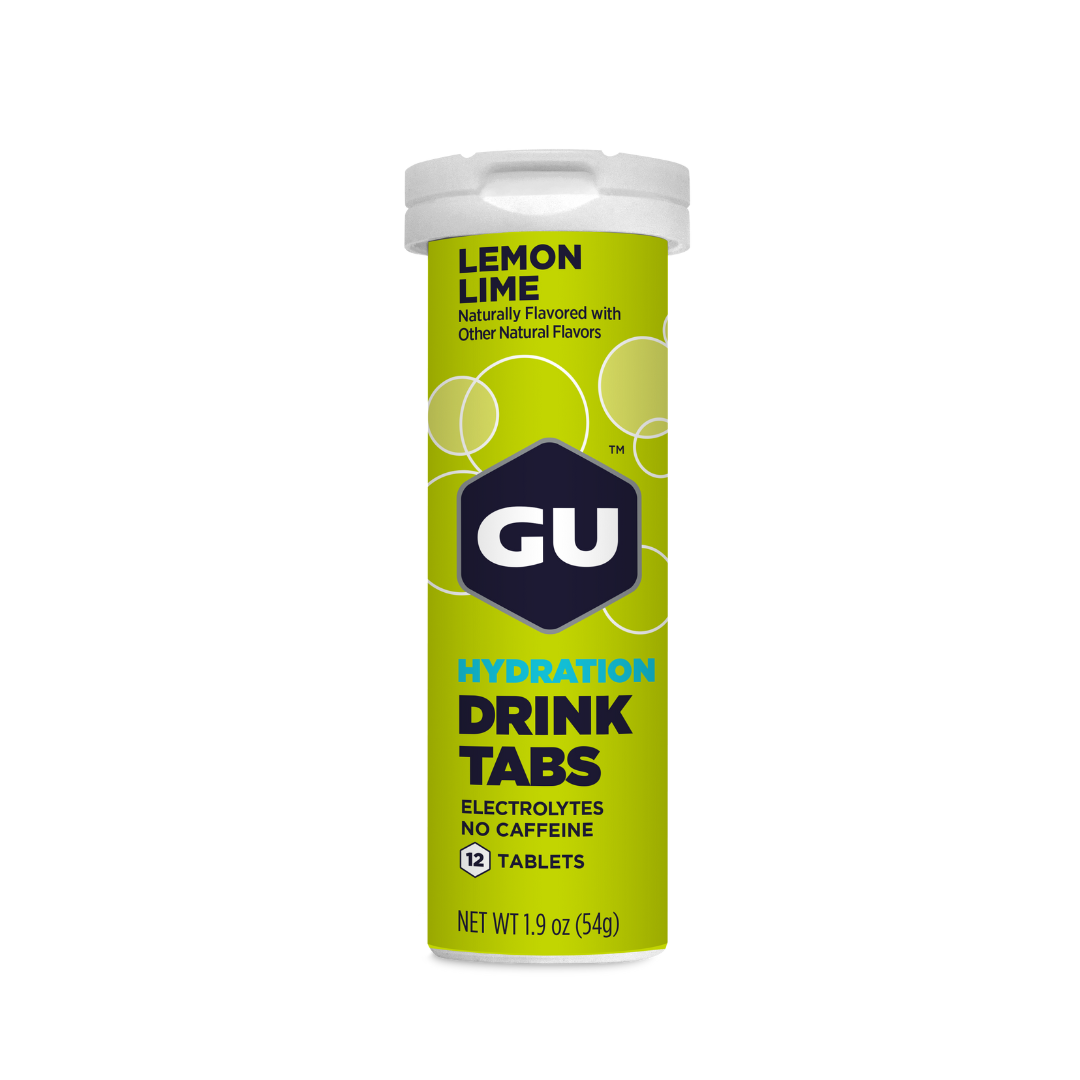 GU Energy electrolyte drink tablets in a tube, 4-count packaging, ideal for hydration and replenishing electrolytes.
