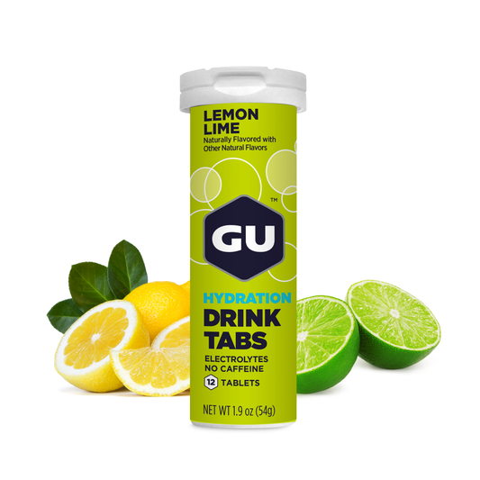 GU Energy Brew Electrolyte Tablets in lemon-lime flavor, showcasing ingredients and packaging of 12-tab tubes.