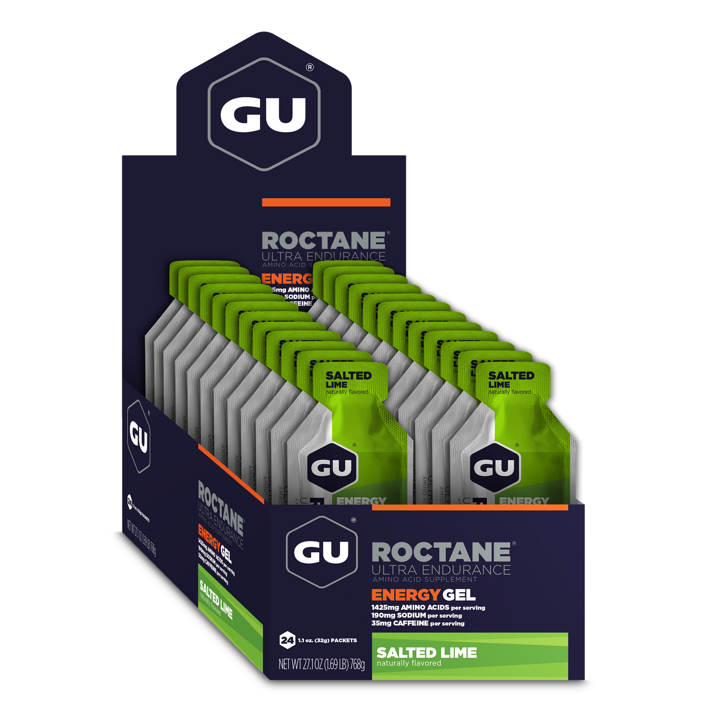 GU Energy Roctane Ultra Endurance Energy Gel box with 24 individual 1.1oz packs, designed for sustained athletic energy.