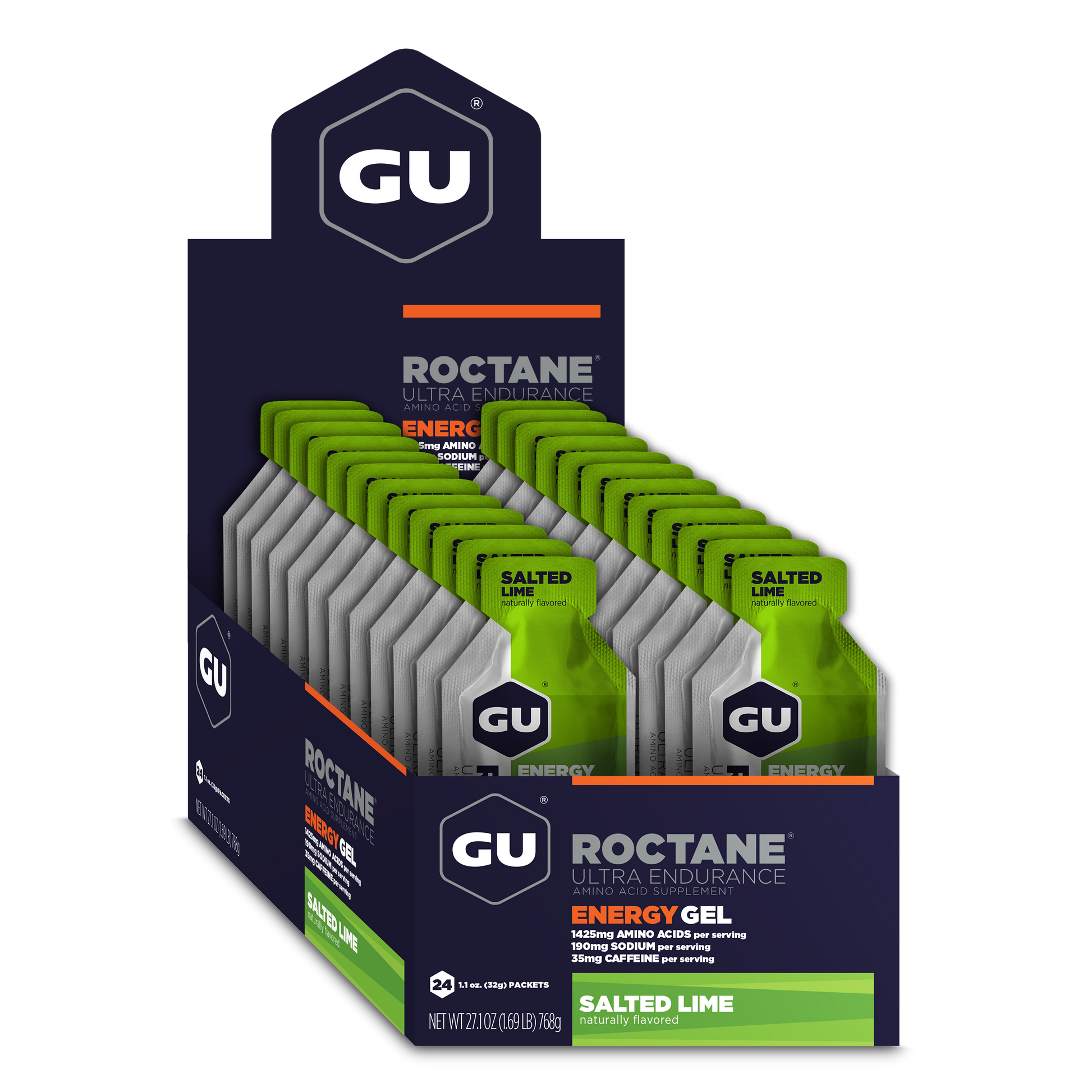 GU Energy Roctane Ultra Endurance Energy Gel box with 24 individual 1.1oz packs, designed for sustained athletic energy.