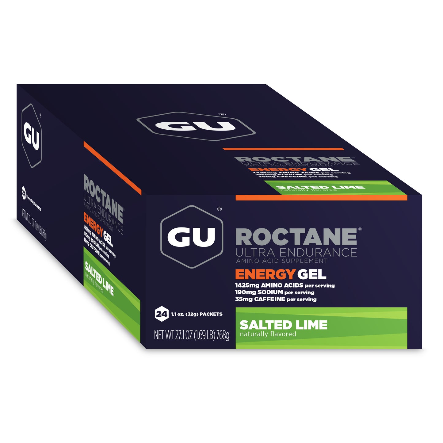Box of 24 GU Roctane Ultra Endurance Energy Gels, 1.1oz packs, designed for sustained athletic energy and performance.