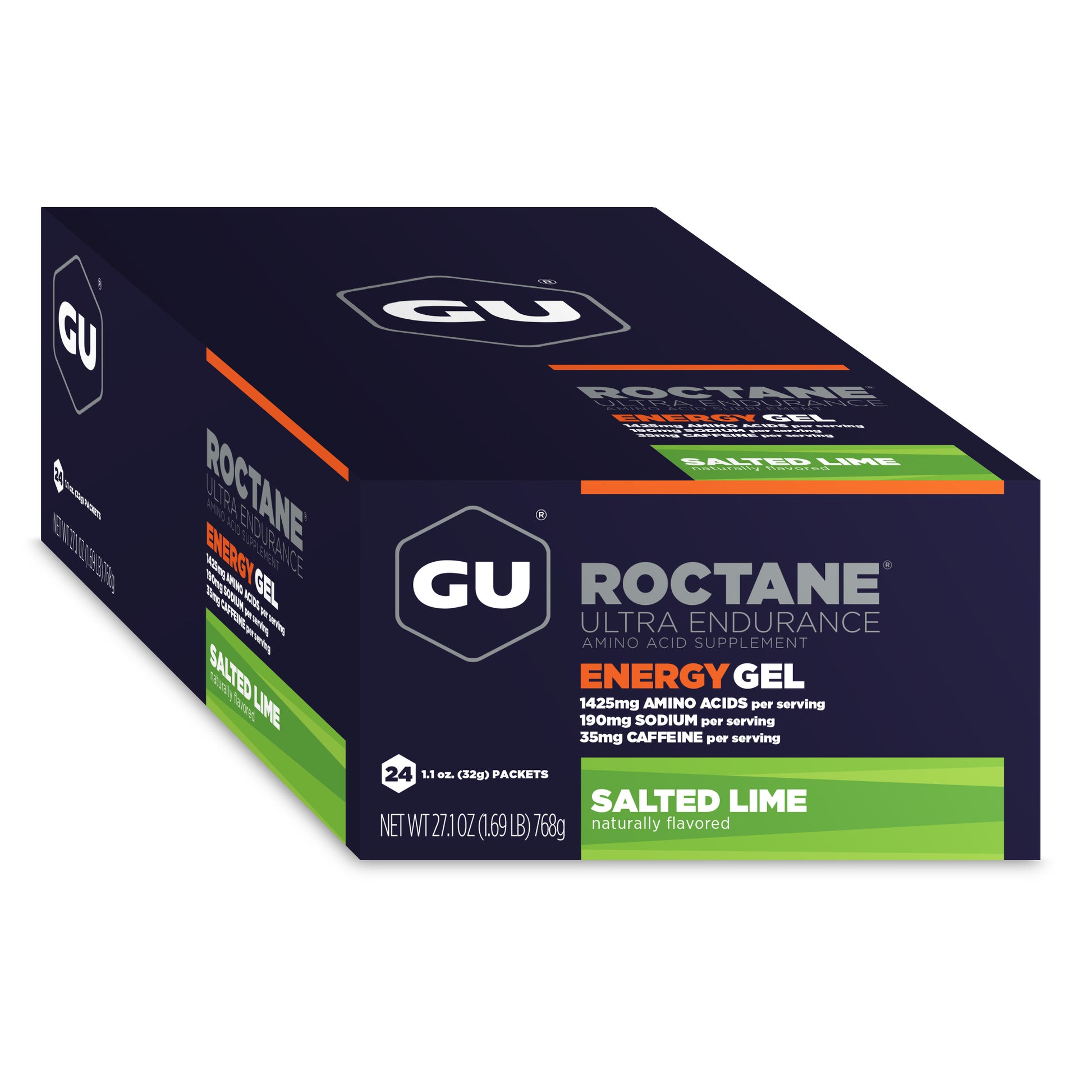 Box of 24 GU Roctane Ultra Endurance Energy Gels, 1.1oz packs, designed for sustained athletic energy and performance.